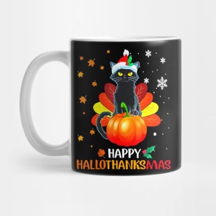 Black Cat Halloween And Merry Christmas Happy Hallothanksmas Mug